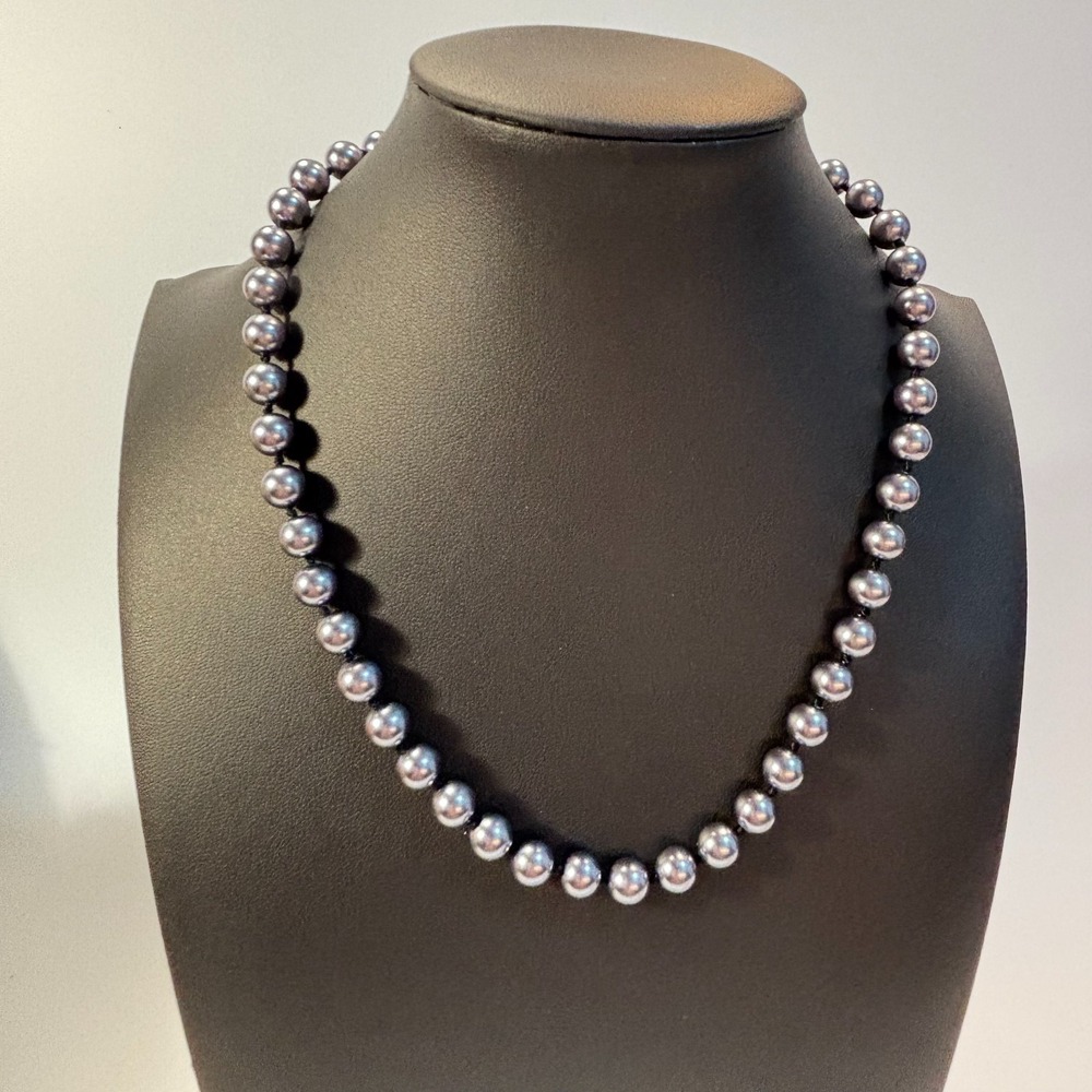 Pearl Necklace Vintage Mid Century Classic Jewelry Black Silver Tone